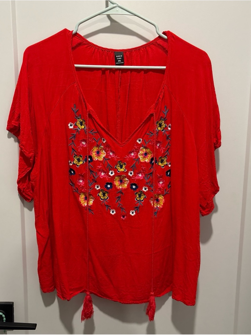 SHEIN Red Embroidered V-Neck Tunic with Tassel Ties